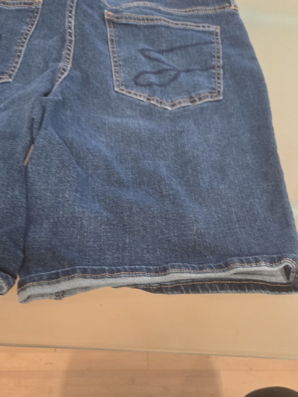 Seven7 Blue Denim Shorts with Tan Leather Patch - Picture 3 of 10